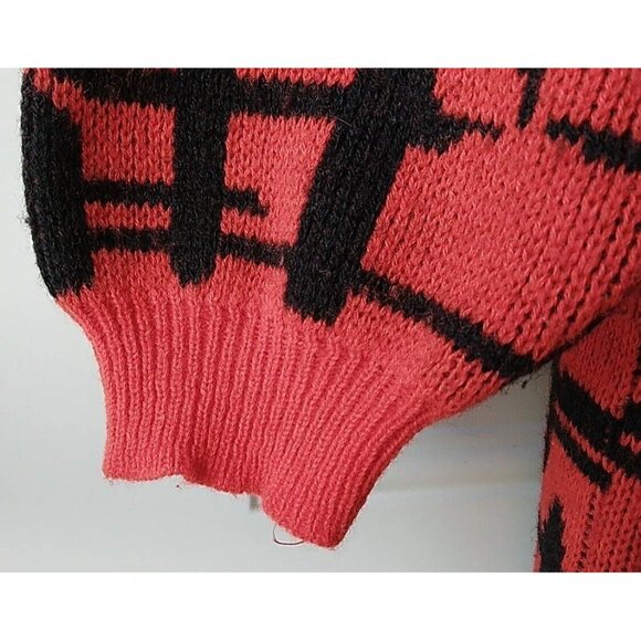Vintage Sweater 80s Red Black Abstract Long Retro Nostalgia Slouchy - Picture 10 of 12